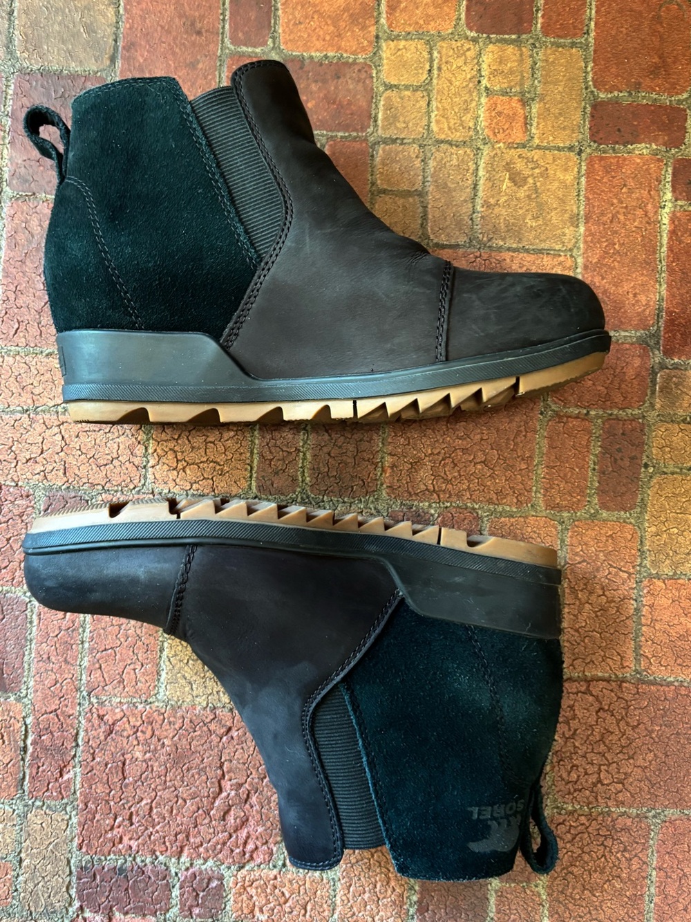 Sorel Evie Pull-On Suede/Leather Wedge Booties in Black